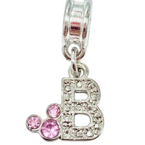 Vtg Disney Pink Crystal Mickey Mouse Ears European Slide Charm Initial Letter B